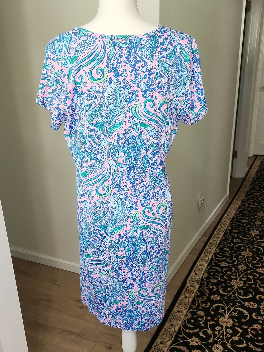 Lilly Pulitzer Etta Short Sleeve V-Neck Dress L We Mermaid It Pima Cotton Large - Picture 4 of 14